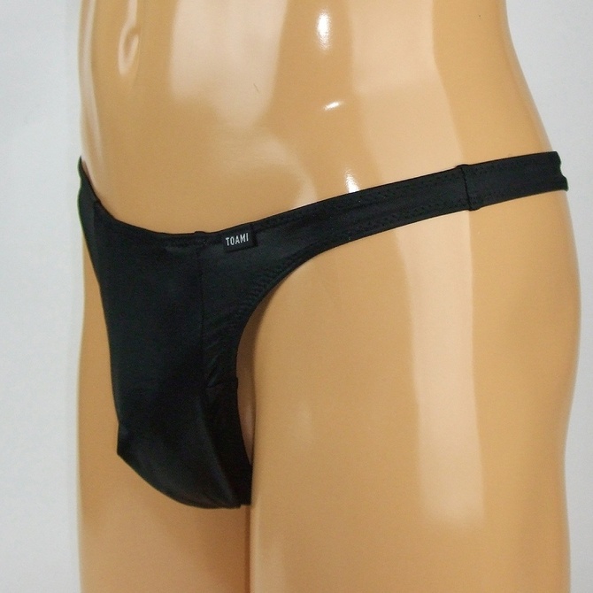メンズ　光沢ストレッチ生地玉袋付きTバック　L ブラック 商品説明画像1