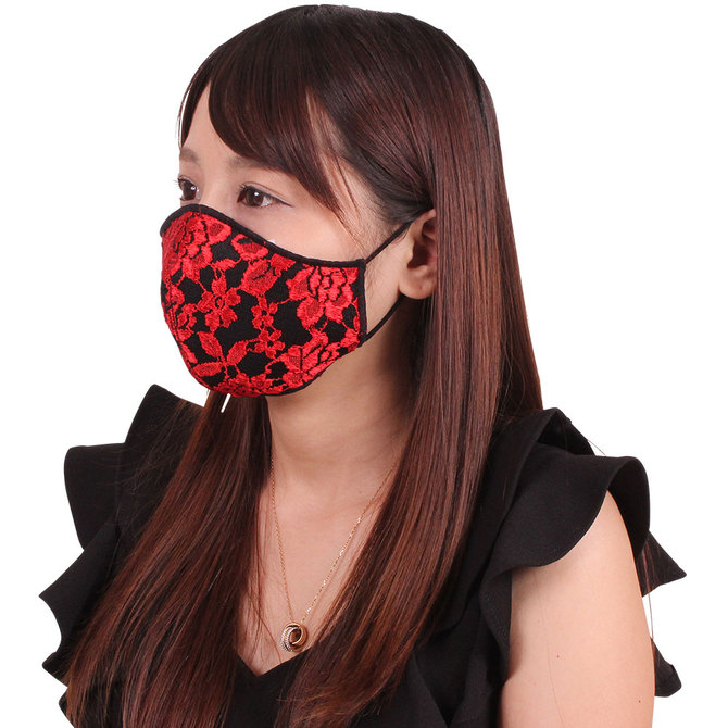 女性用　薔薇刺繍レースメッシュマスク　レッド（Ｘ０１４０ＲＥ） 商品説明画像3