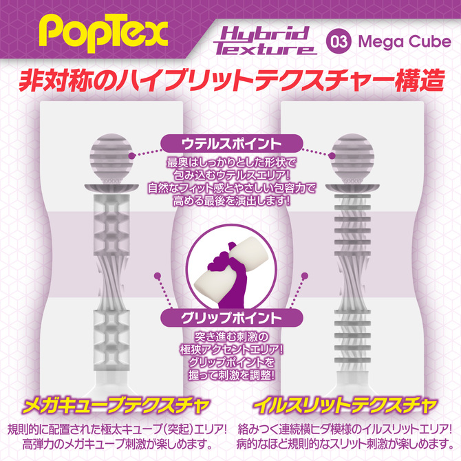 POPTEX Hybrid Texture03 Mega Cube ハイブリットテクスチャーメガキューブ【非対称のハイブリットテクスチャー構造 オトコをアゲルとびっきりの刺激！高機能ハンドホール】 商品説明画像3